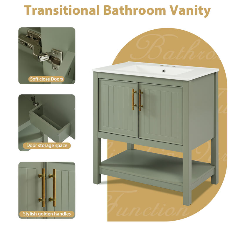 Whisen 30" Bathroom Storage Cabinet Bathroom Vanity with Ceramic Sink, Soft Close Doors and Open Shelf
