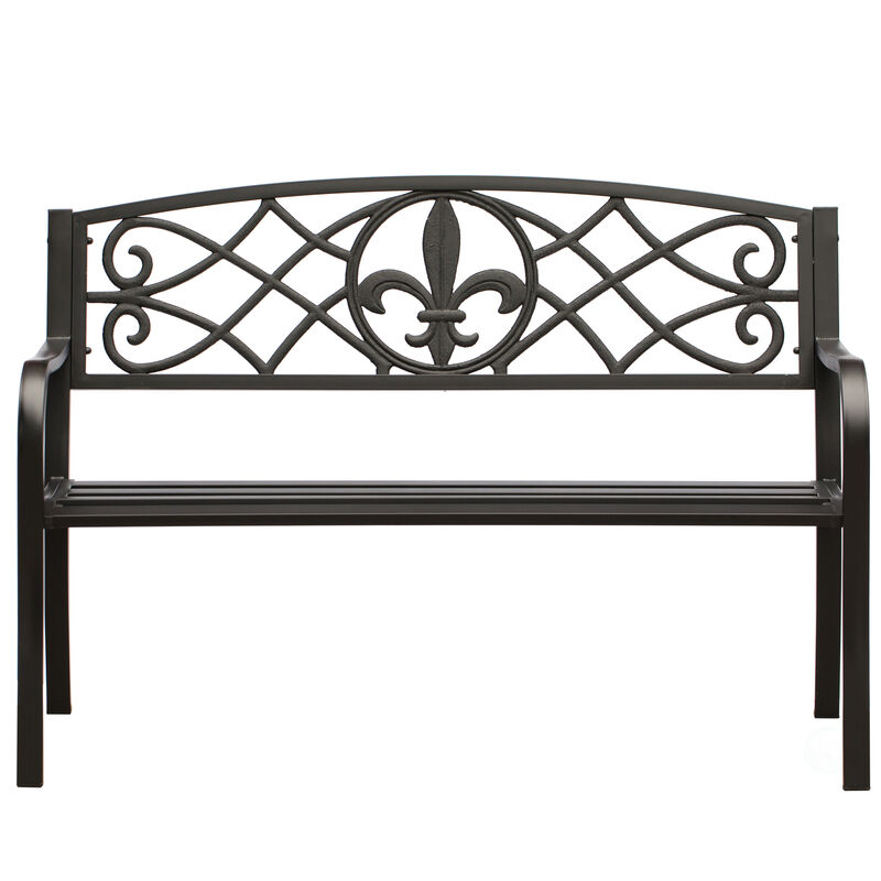 Outdoor Garden Patio Steel Park Bench Lawn Decor with Cast Iron Unique Design Back, Black Seating Bench for Yard, Patio, Garden, Balcony, and Deck