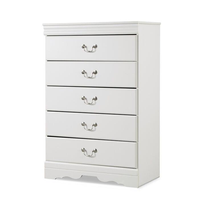Roso Tall Dresser Chest, Classic White, 5 Drawers Pewter Metal Handles