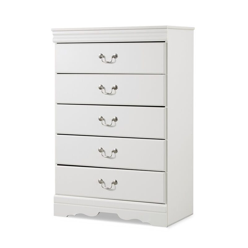 Roso Tall Dresser Chest, Classic White, 5 Drawers Pewter Metal Handles