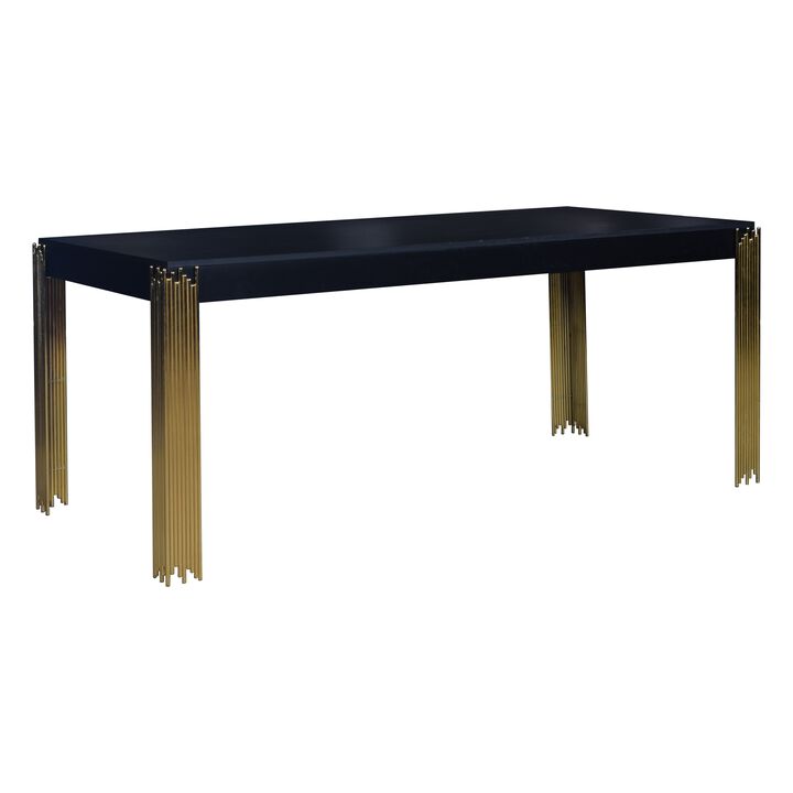 Theo Dining Table, Gold Metal Legs, Retro Black Wood Frame, 72 Inch - Benzara