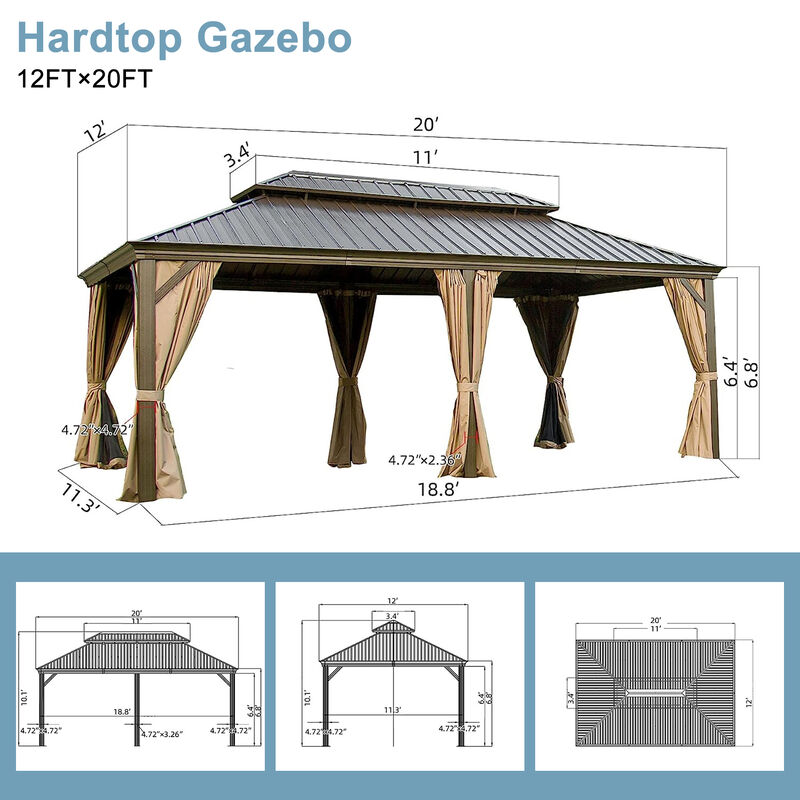 MONDAWE 12x20ft Hardtop Gazebo, Outdoor Aluminum Frame Canopy with Galvanized Steel Double Roof, Outdoor Permanent Metal Pavilion with Curtains and Netting for Patio,Backyard and Lawn (Brown)