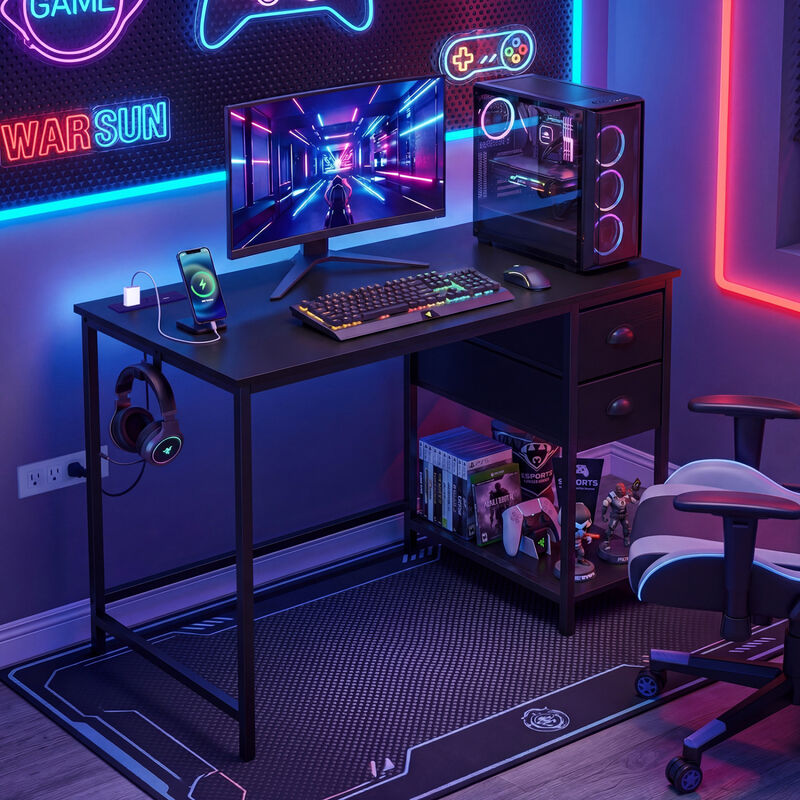Small Space Computer Desk with Charging Station and 2 Fabric Drawers image number 5
