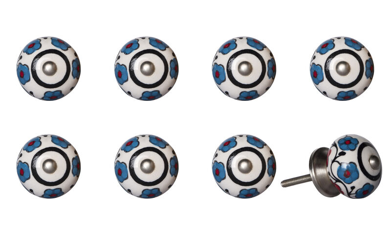 HomeRoots Set of Eight Blue And White Ceramic And Metal Drawer Pull Knobs image number 3