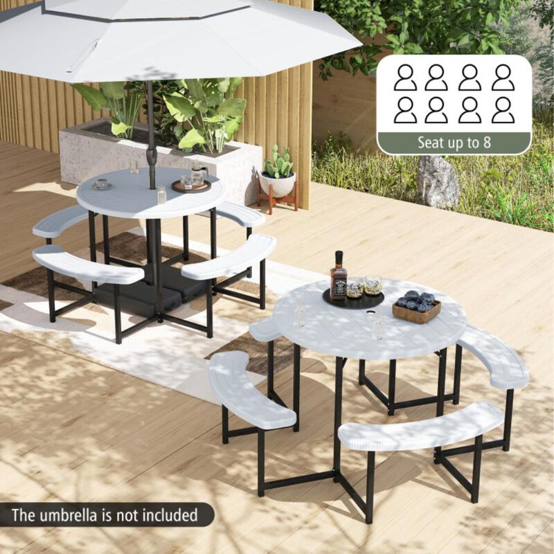 Hivvago Round Picnic Table Bench Set with 4 Benches and Umbrella Hole for Patio Lawn