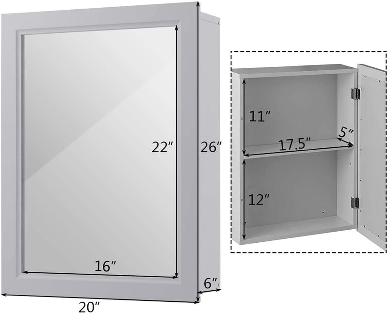Costway Mirrored Medicine Cabinet Wall-Mounted Bathroom Storage Organizer W/Shelf Grey