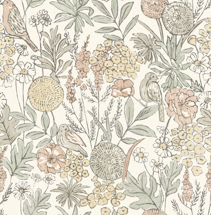 Goldfinch Peach Birds and Blooms Wallpaper