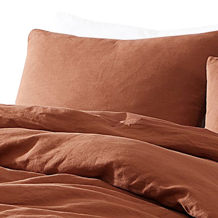 Edge 4 Piece King Size Duvet Comforter Set, Washed Linen, Rust Orange - Benzara