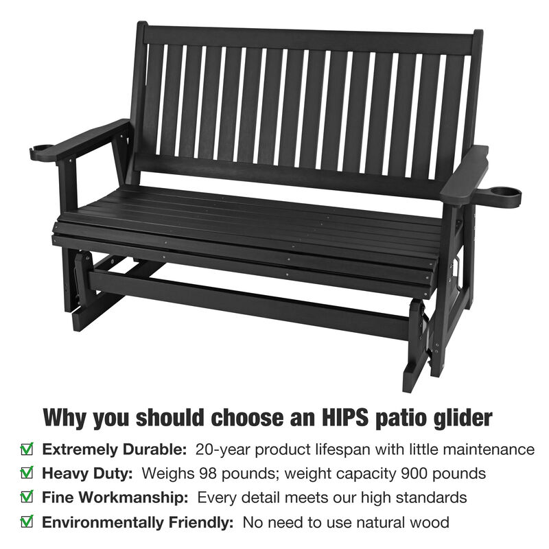 HIPS Patio Glider with Cup Holders, All-Weather Resistant, High Backrest and Deep Contoured Seat, Heavy Duty 900 LB (3-Seat,Black)