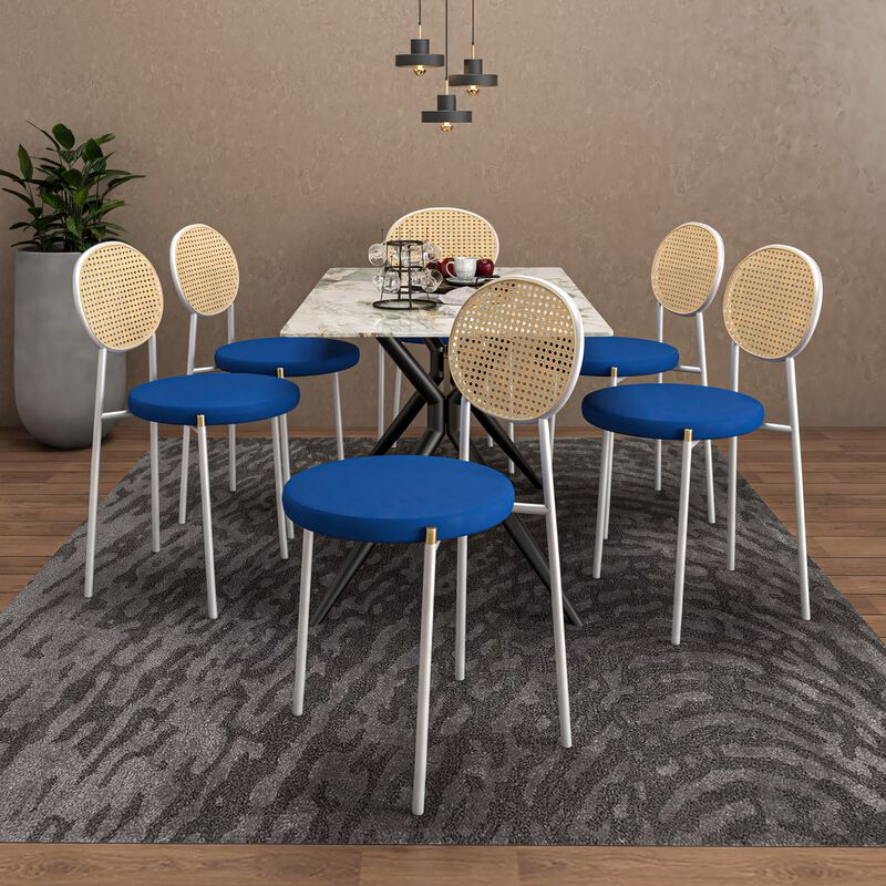 LeisureMod Velvet Dining Chair Rattan Back Side Chair Comfortable Kitchen Chair with Stainless Steel Base Euston Collection