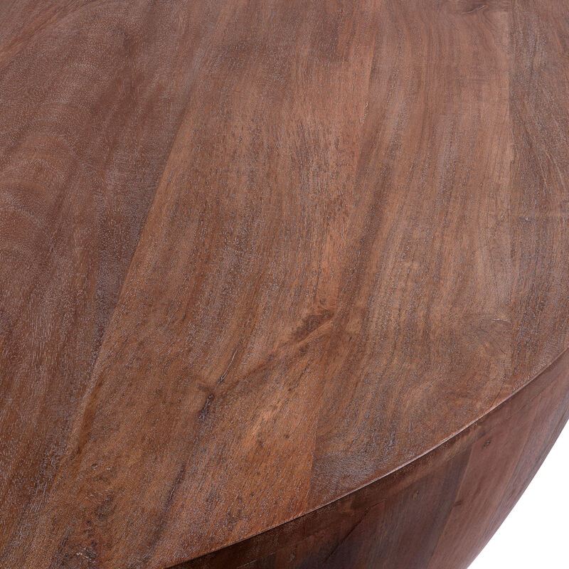 Handcarved Drum Shape Round Top Mango Wood Distressed Wooden coffee Table, Brown(D0102H71U9P)