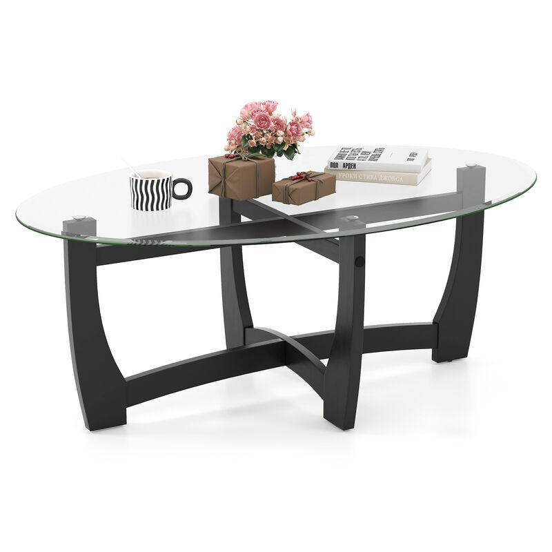 Oval Coffee Table with Tempered Glass Tabletop and Rubber Wood Legs