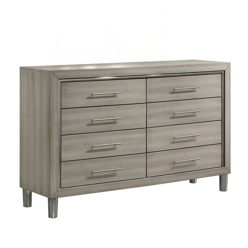 Levy 64 Inch Wide Dresser, 8 Drawers, Silver Trim, Ash Gray Laminate Wood image number 0