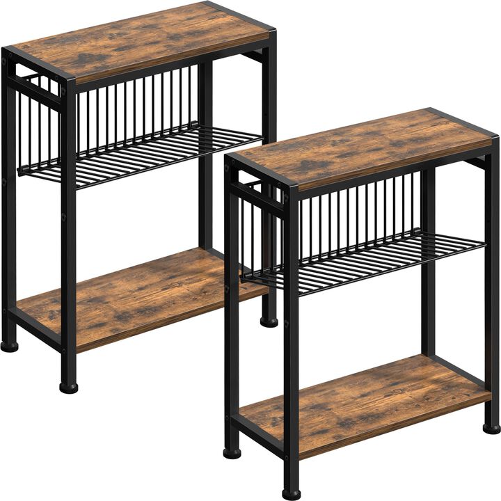 Small Side Table Set of 2 for Small Space, 3-Tier Narrow End Table with Magazine Holder, Slim Nightstand, Skinny Snack Couch Tab