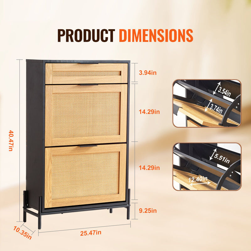 Slim Rattan Shoe Cabinet with 2 Flip Drawers and 1 Slide Drawer for Entryway