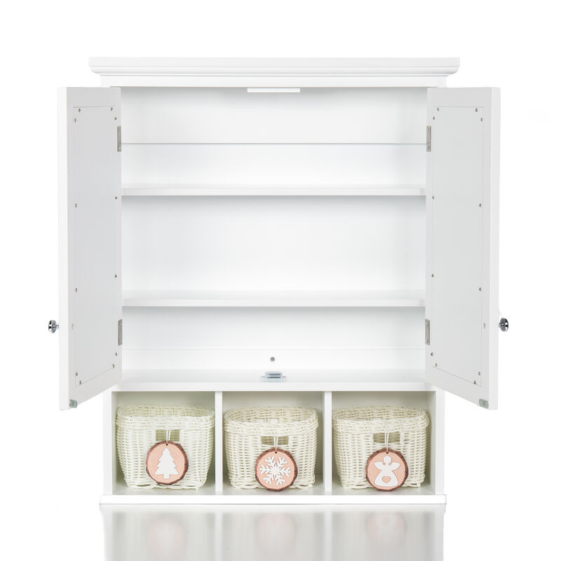 Streamdale White Wood Wall Cabinet with Mirrored Doors & Storage Baskets