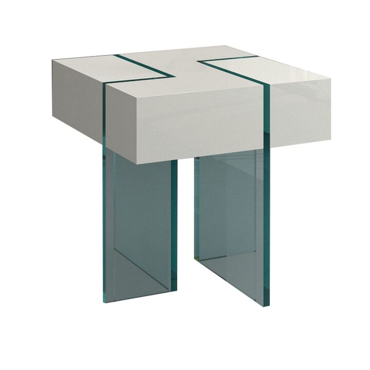 22 Inch Modern Accent End Table, Tempered Glass Base, White Finished Top-Benzara