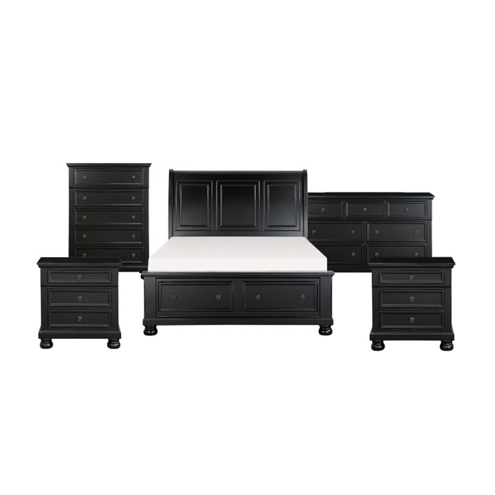 Queen Size Bedroom Set, Black Finish, Panel Headboard, 5-Piece Set with Bed, 2 Nightstands, Dresser and Chest