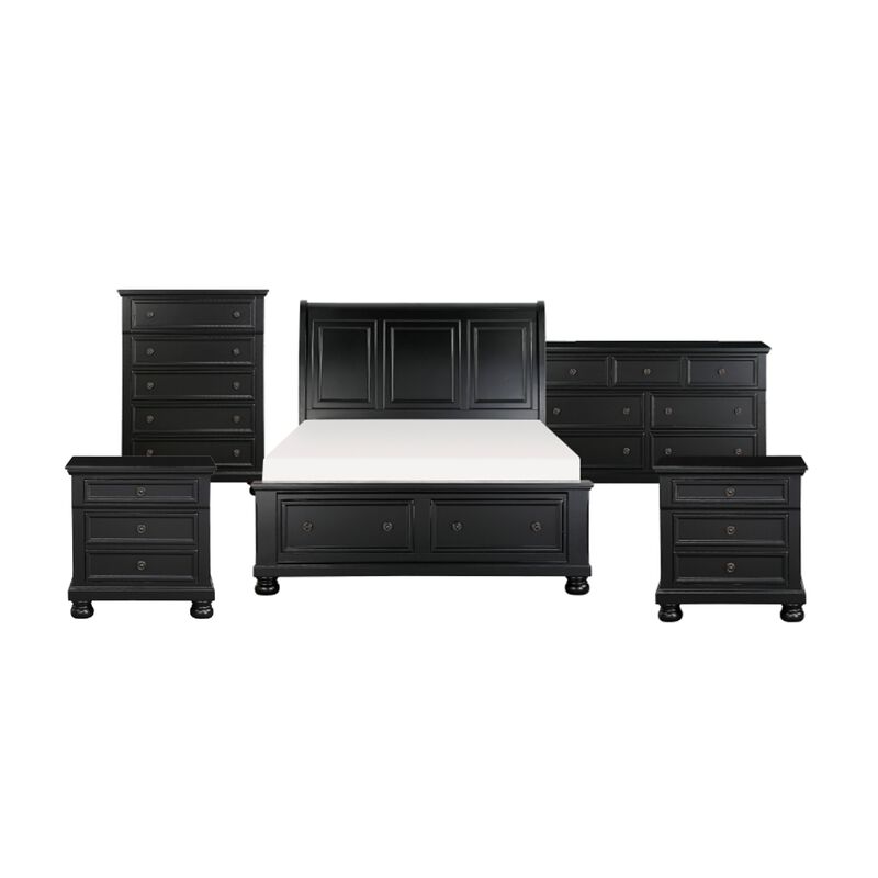 Queen Size Bedroom Set, Black Finish, Panel Headboard, 5-Piece Set with Bed, 2 Nightstands, Dresser and Chest image number 0