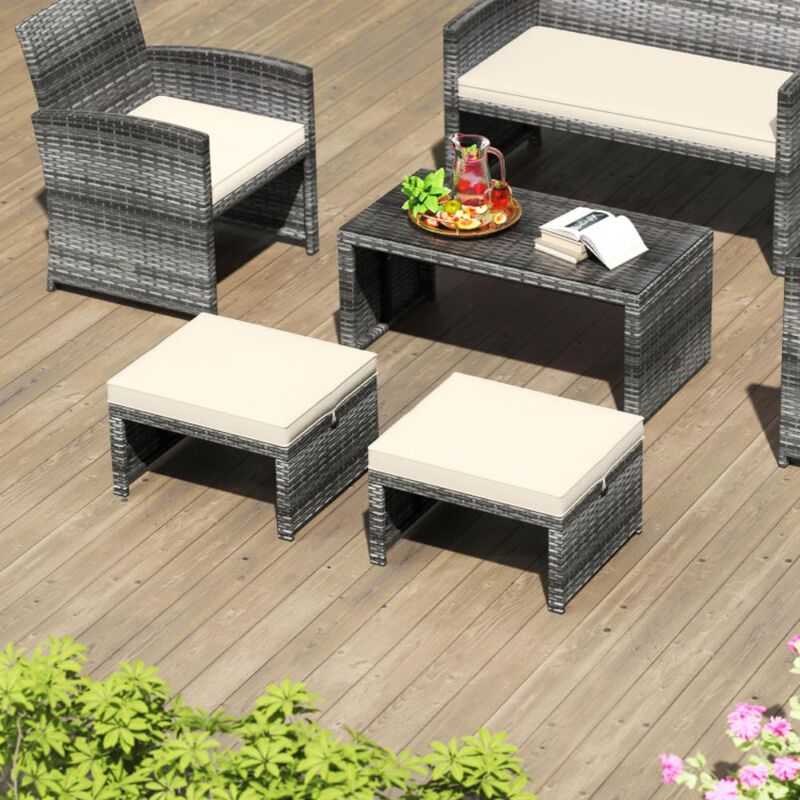 Hivvago 2 Pieces Patio PE Rattan Ottomans with Soft Zippered Cushions for Deck