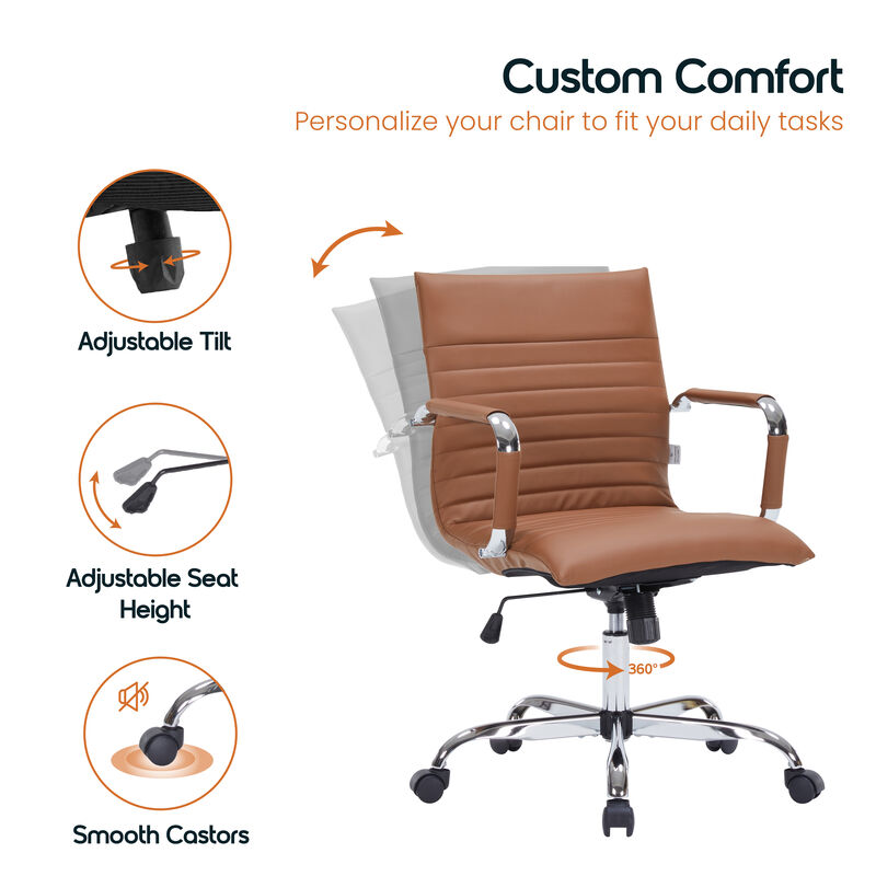 LeisureMod Harris Ergonomic Office Chair, Leather Upholstery with Adjustable Height, Lumbar Support, Swivel and Chrome Base for Home or Office