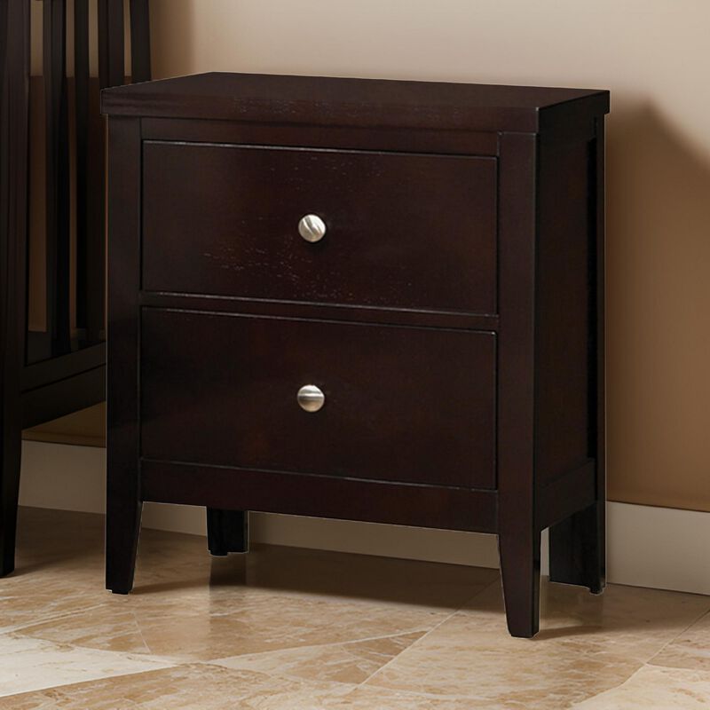 Con 26 Inch Modern 2 Drawer Nightstand, Silver Knobs, Cappuccino Brown-Benzara