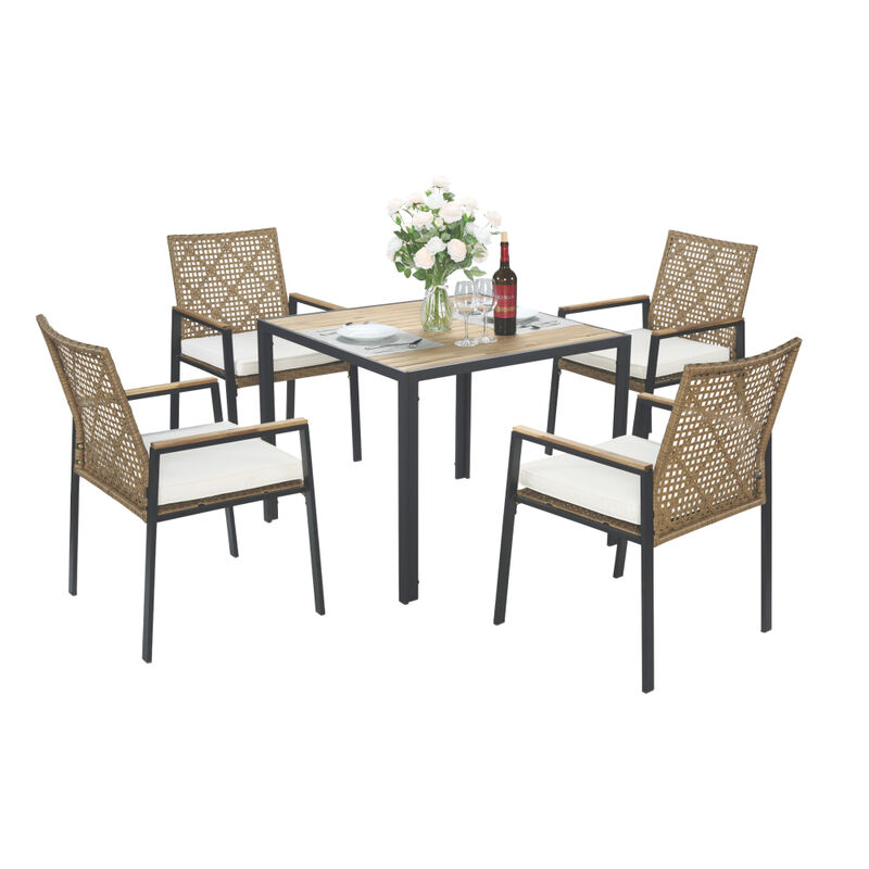 5-Piece Outdoor Patio Dining Table Set, Durable Acacia Wood Table Top with Rattan Chairs and Umbrella Hole image number 0