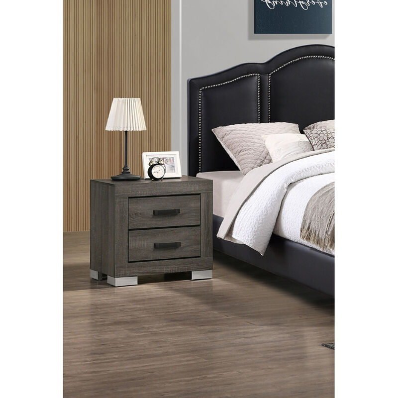 2 Drawers Wood Nightstand With Black Handles In Grey