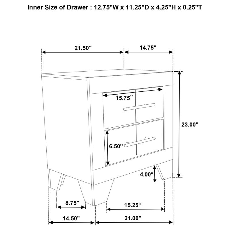Qanto Rustic Nightstand with 2 Drawers, Chrome Handles, Cream Wood image number 7