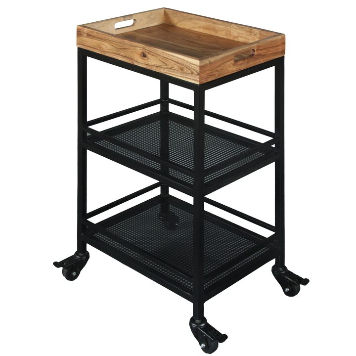 30 Inch Handcrafted Industrial Serving Bar Cart, 3 Tier Tray Top Storage, Metal Frame, Brown and Black-Benzara