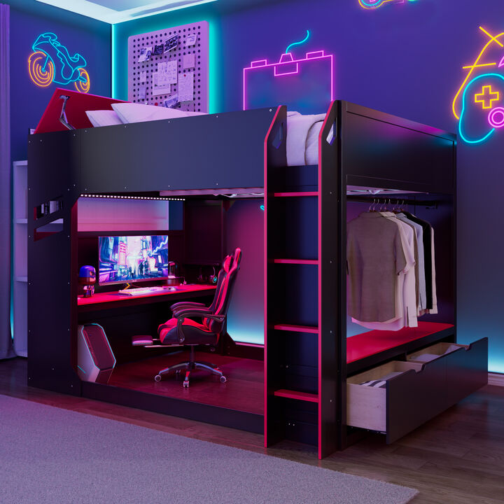 Merax Full Size Wood Loft Bed with Adjustable Desk, RGB Light, Storage Cabinet