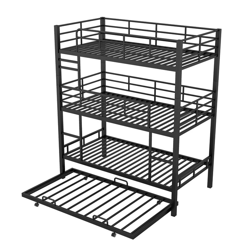 Whisen Metal Twin Size Triple Bunk Bed With Trundle- Black