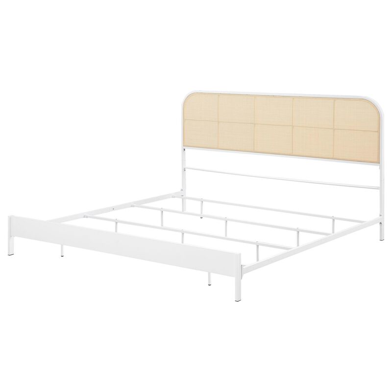 Ammy King Bed, Radio Weave Headboard, Brown Faux Rattan, White Metal  - Benzara