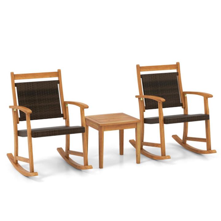 Hivvago 3 Pieces Acacia Wood Patio Rocking Chair Set with Side Table