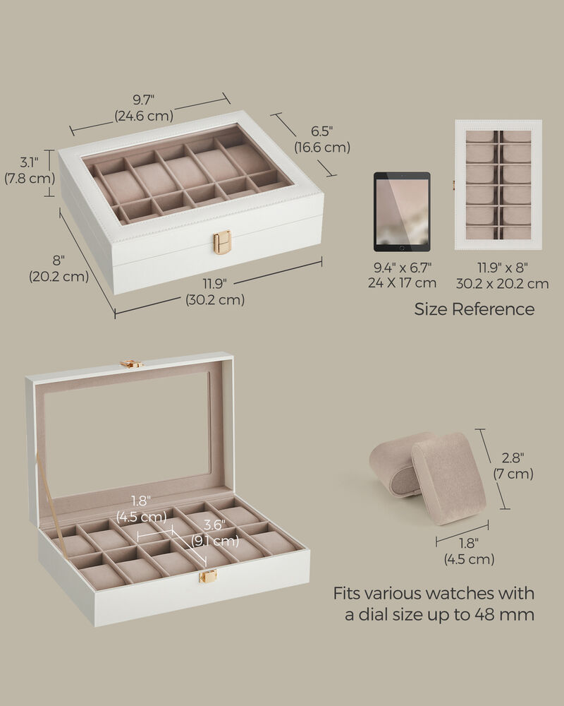 12-Compartment Watch Case with Large Glass Viewing Lid for Stylish Organization
