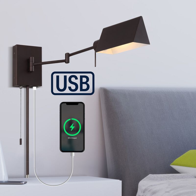 Arlo Farmhouse Industrial Single Swing Arm Plug In Or Hardwired Iron LED Wall Sconce with Pull Chain