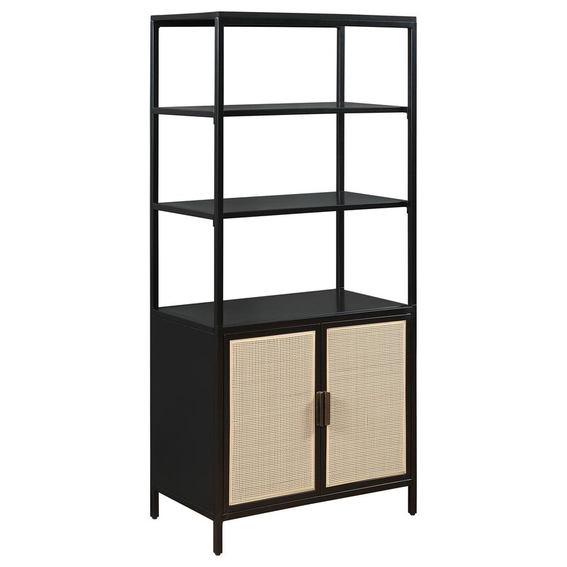 Lanie Tall Accent Cabinet, 3 Shelves 2 Doors, PE Cane, Black Metal - Benzara