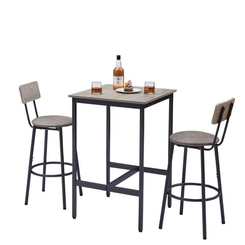 Bar Table Set with 2 Bar stools PU Soft seat with backrest, Grey，23.62’’w x 23.62’’d x 35.43’’h