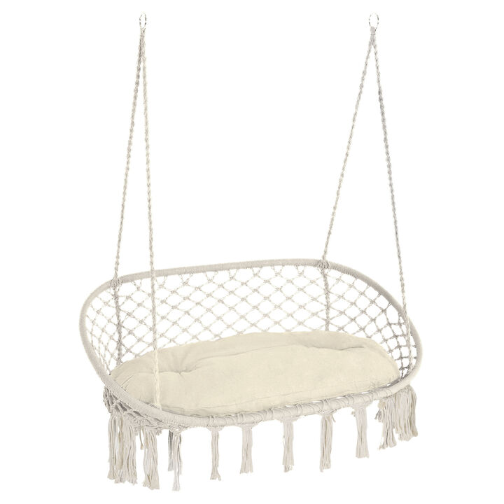 Outsunny 2-Person Hammock Chair Macrame Swing with Soft Cushion, Hanging Cotton Rope Chair for Indoor Outdoor Home Patio Backyard, Grey
