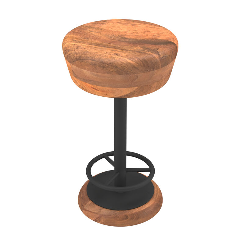Rustic Charm Swivel Counter Bar Stool 24 Inch Handcrafted, Brown Mango Wood Round Seat, Black Iron Base with Footrest - Benzara