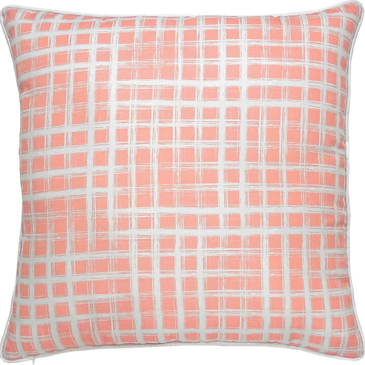 22" Coral Pink and White Checkered Square Outdoor Patio Throw Pillow