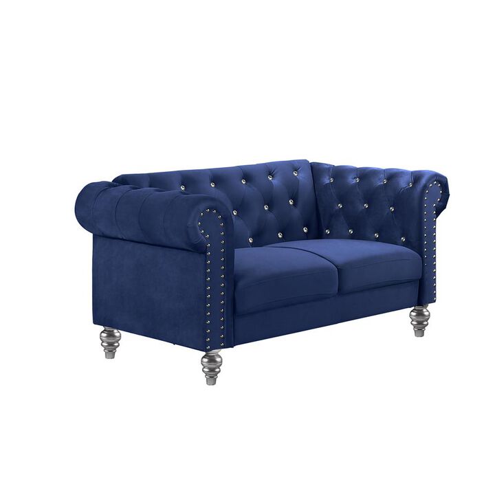 New Classic Furniture Furniture Emma Velvet Fabric Loveseat with Rolled Arms in Royal Blue