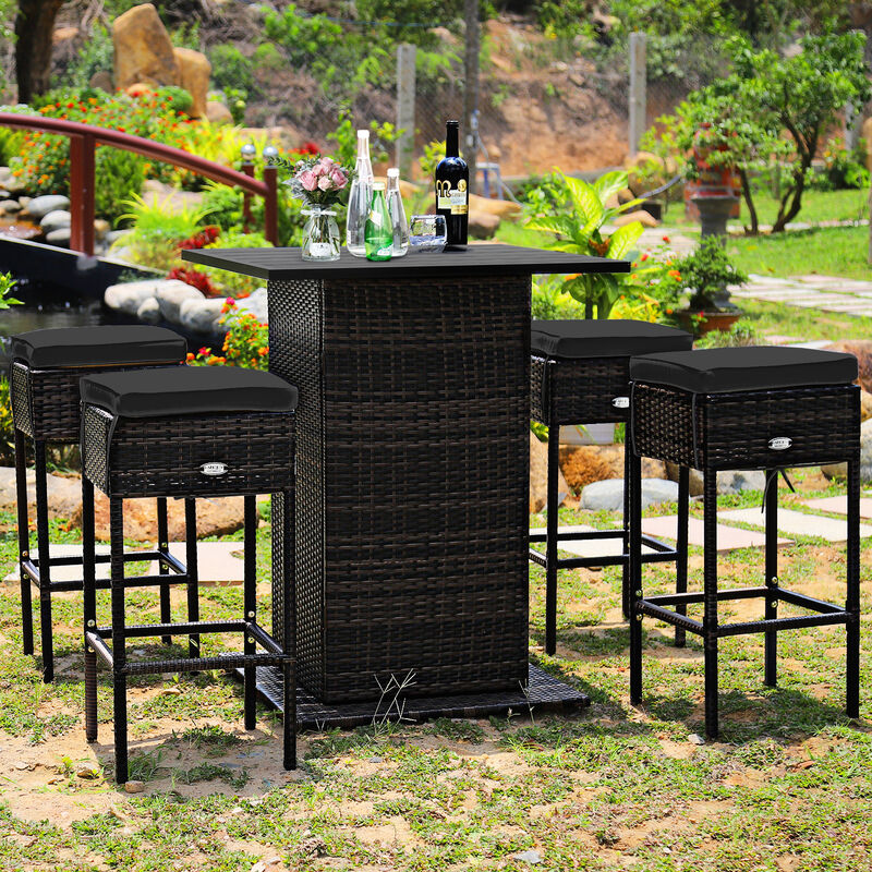 5 Pieces Patio Rattan Bar Table Stool Set Hidden Storage Shelf Cushioned