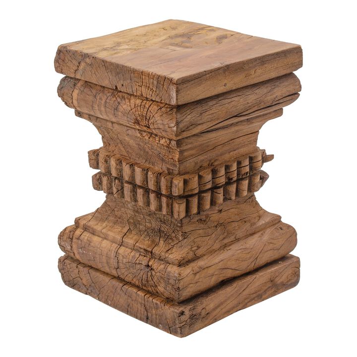 20 Inch Accent Table, Rustic Pillar Pedestal with Scrolled Carvings, Brown - Benzara