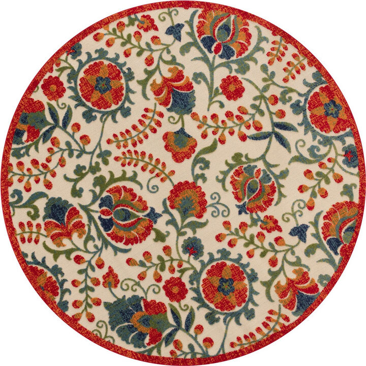HomeRoots 8' Red Gold Teal Blue And Green Round Floral Indoor Outdoor Area Rug