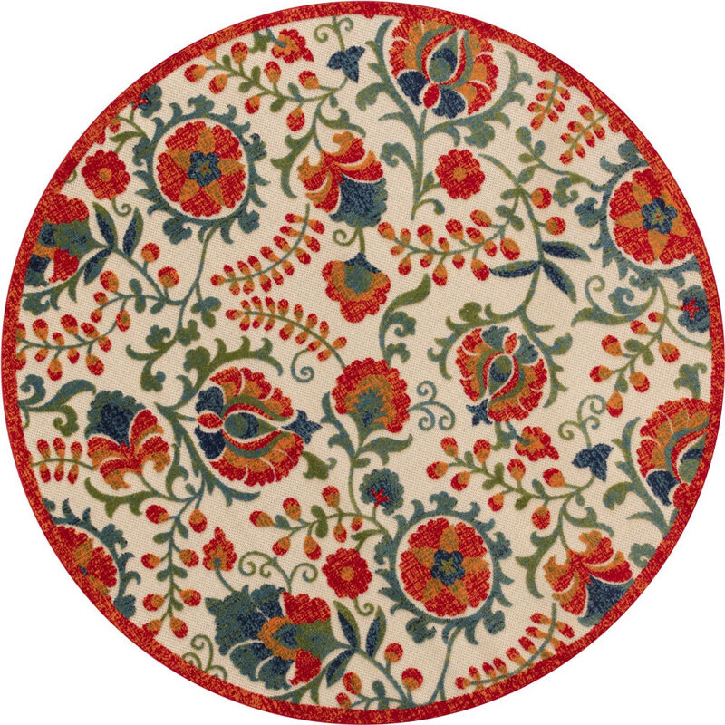 HomeRoots 8' Red Gold Teal Blue And Green Round Floral Indoor Outdoor Area Rug image number 0