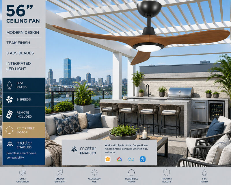 ENLIGHT 56" Smart DC Ceiling Fan with Light, IP66 Outdoor/Coastal Rated, Matter Smart Home Integration, 3 Blades image number 1