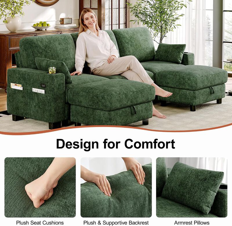 Vipbear 100" Modular Sectional Sofa Chenille 5 Seater U Shaped Couch with Moveable Ottoman image number 2