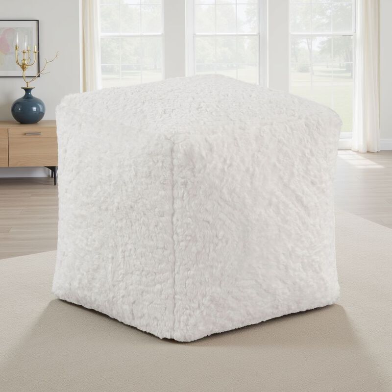 Modern Pouf Ottoman, Plush Off White Faux Fur Texture, 16 Inch Square
