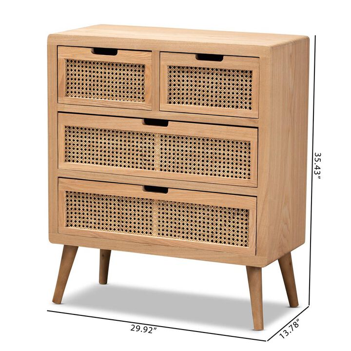 Baxton Studio Medium Oak Finished Wood and Rattan 4-Drawer Accent Storage Cabinet
